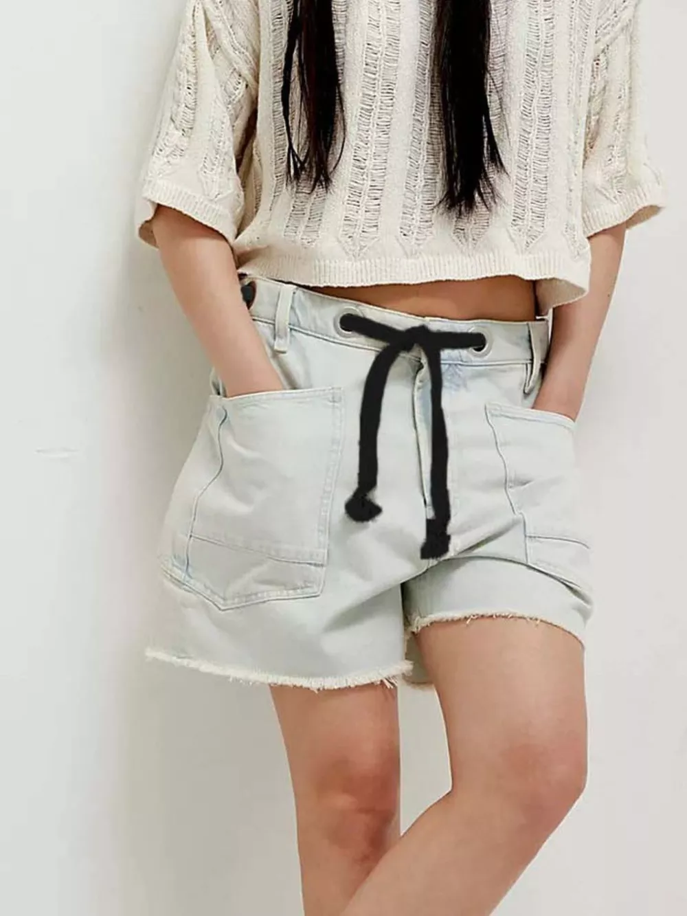 Drawstring Raw Hem Denim Shorts, image 18