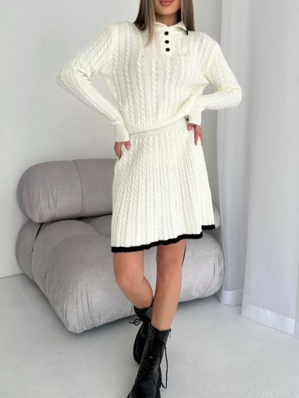 Cable Knit Long Sleeve Top and Skirt Sweater Set, image 3