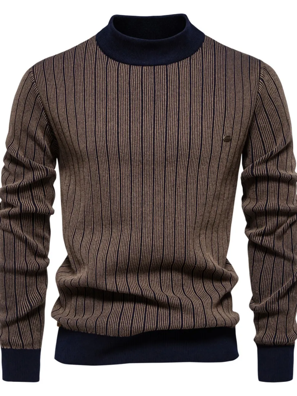 Men's Mock Neck Contrast Striped Sweater, image 2