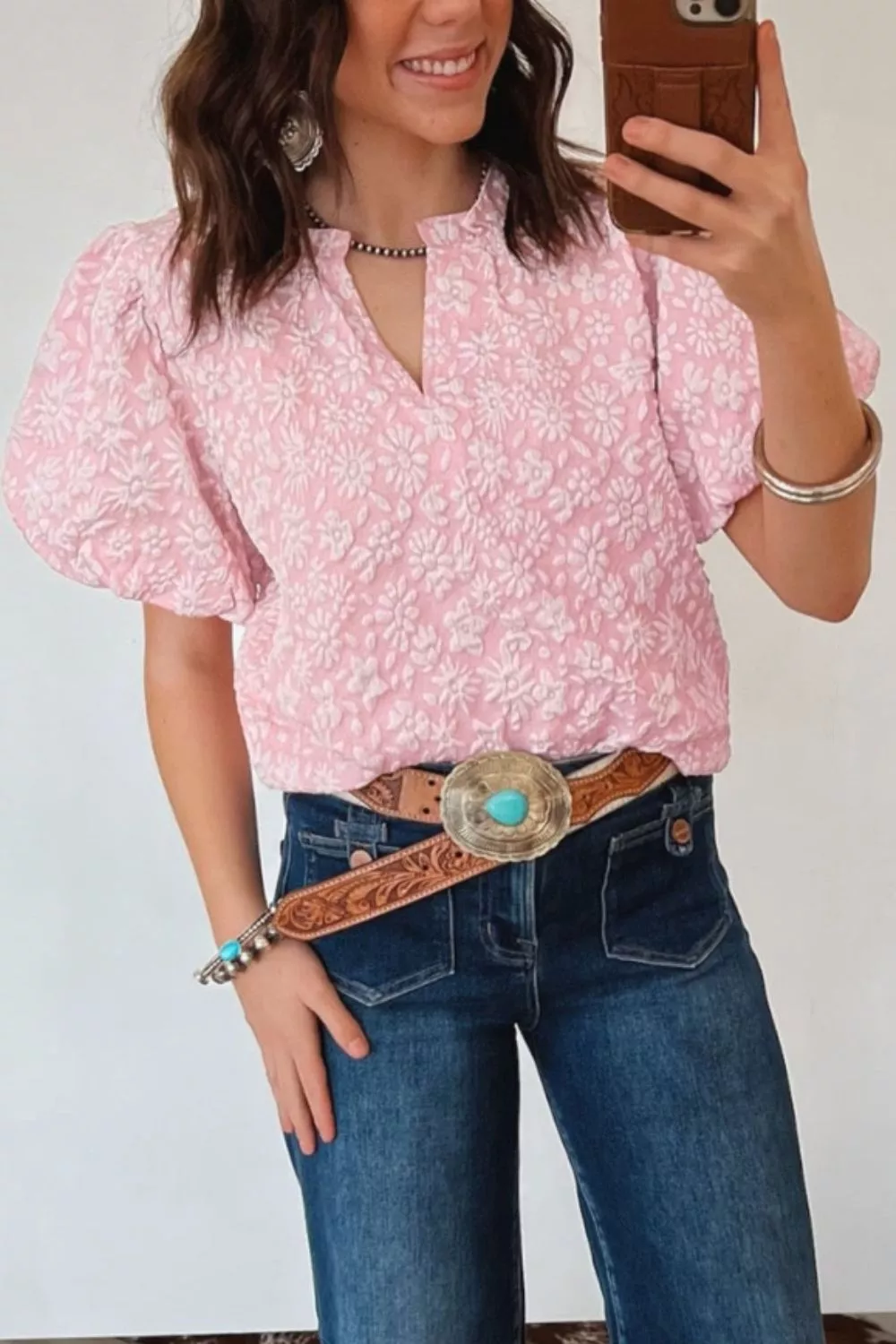 Textured Floral Puff Sleeve Blouse, image 3