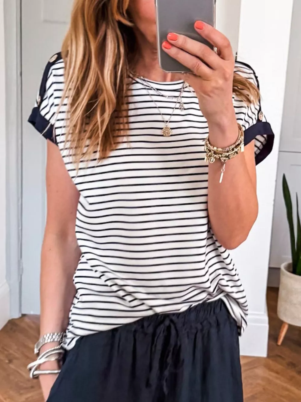 Stripe Cuffed Sleeve Button Decor Loose Tee, image 5
