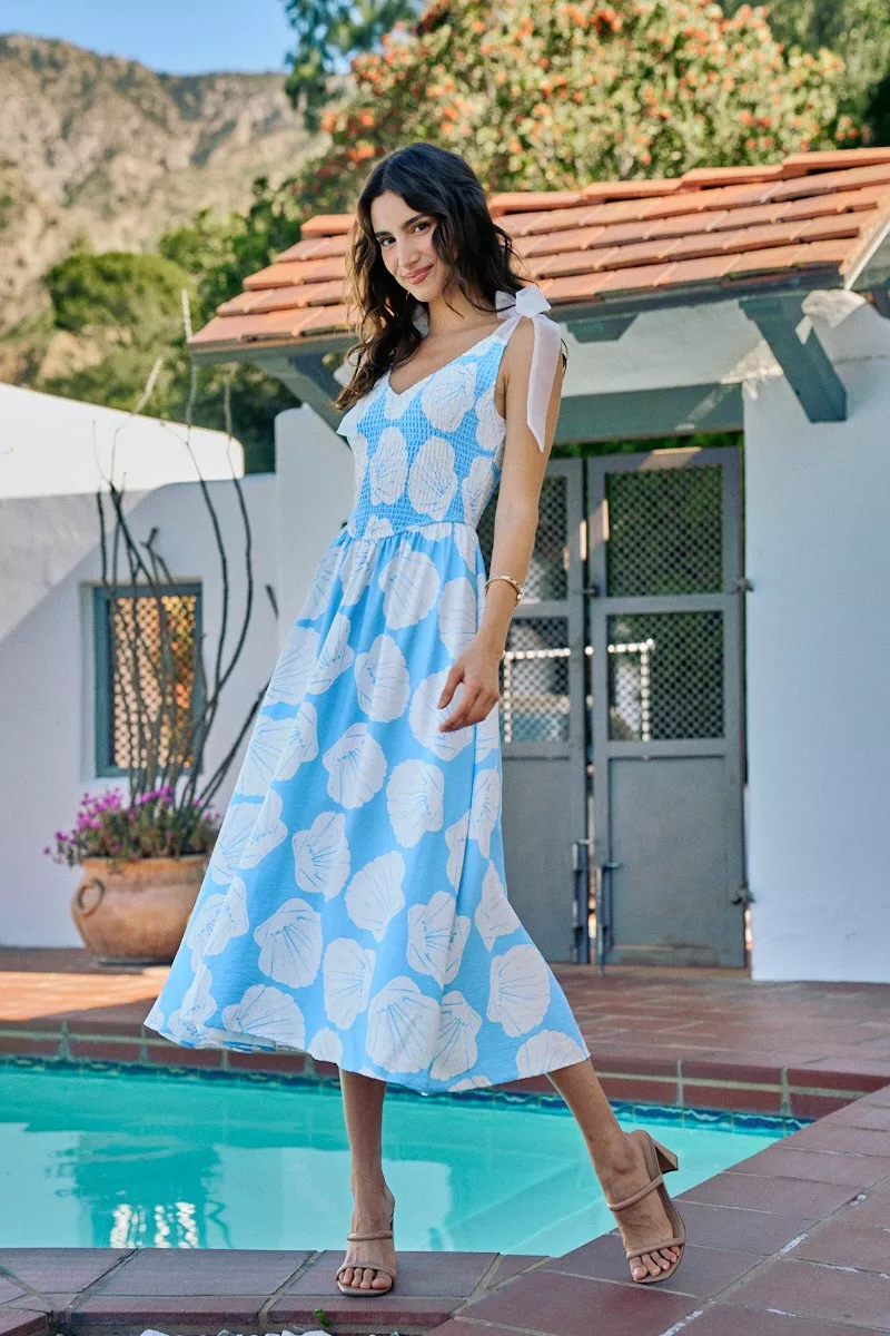 Shell Smocked Bodice Shoulder Tie Lined Midi Dress, image 7