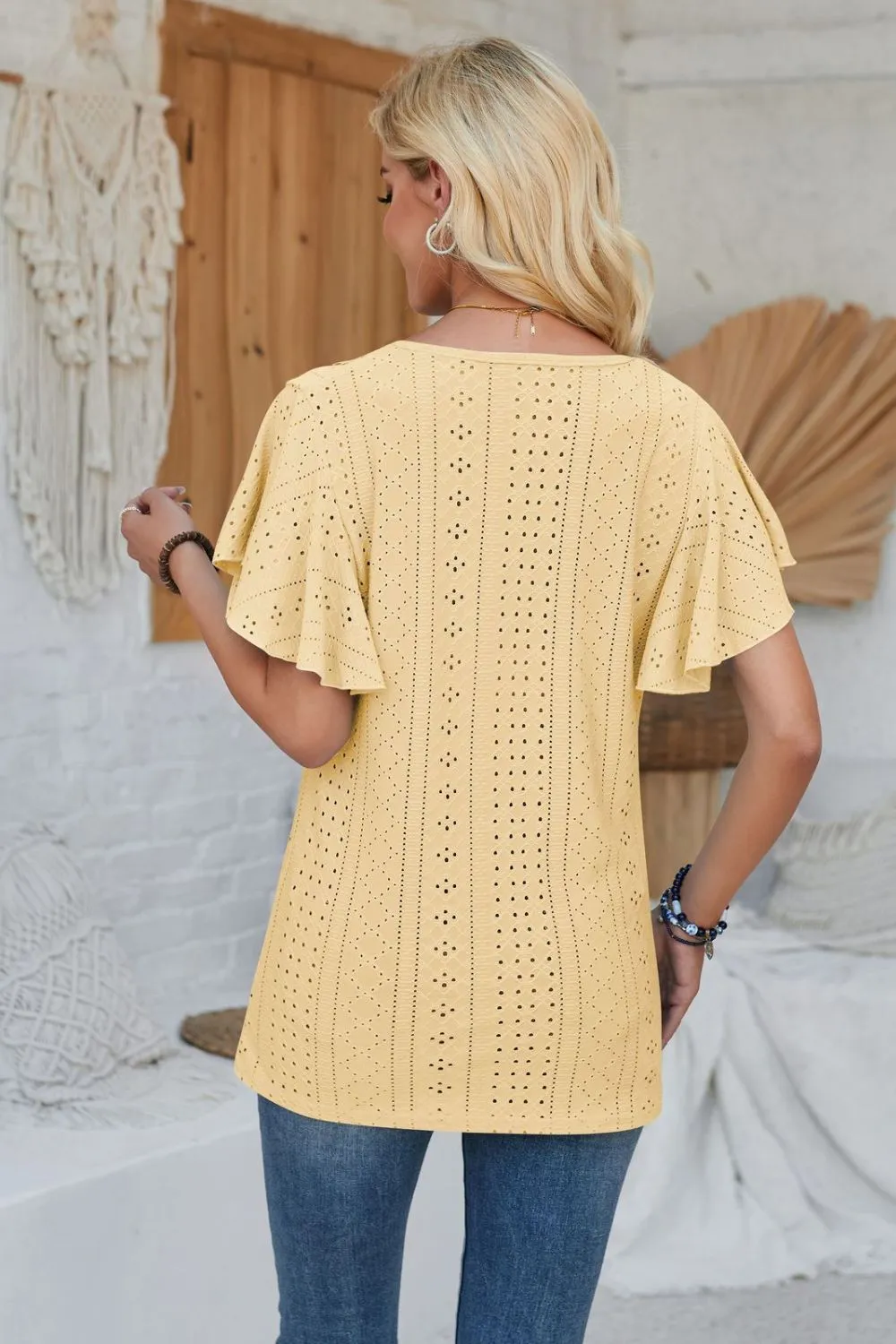 Eyelet Applique V-Neck Cap Sleeve T-Shirt, image 20
