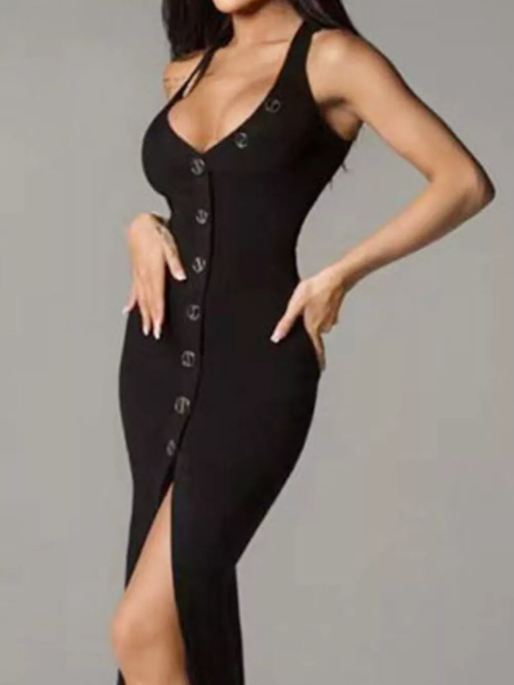 Sleek Button-Front Halter Neck Midi Dress, image 2