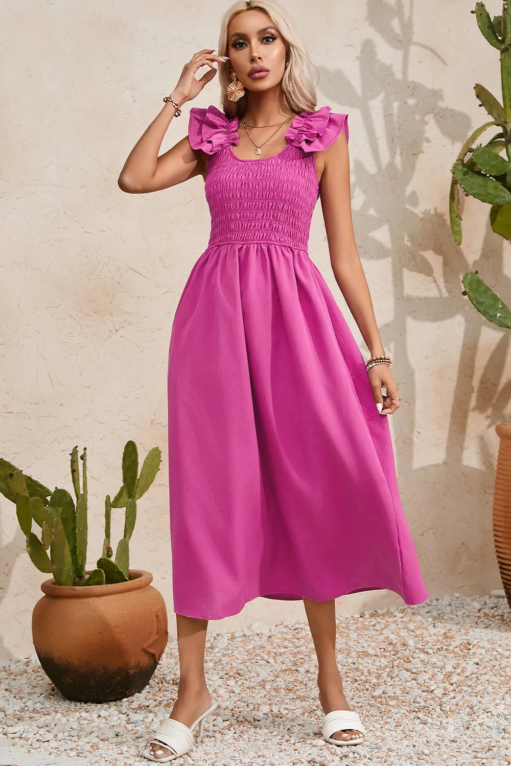 Smocked Ruffled Scoop Neck Midi Dress, image 4