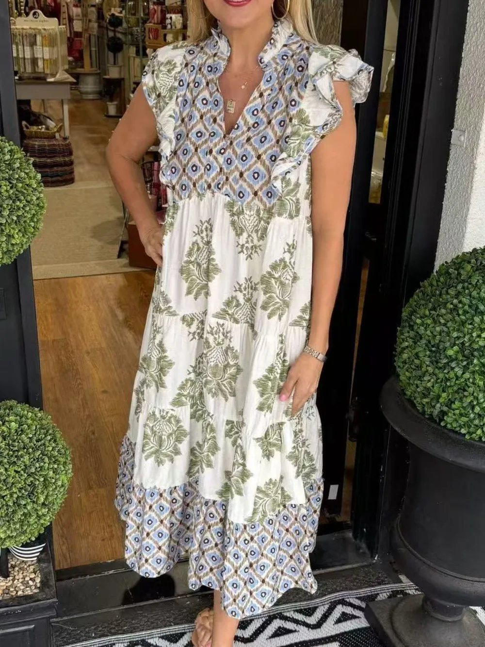 Printed Notched Ruffled Cap Sleeve Dress, image 7