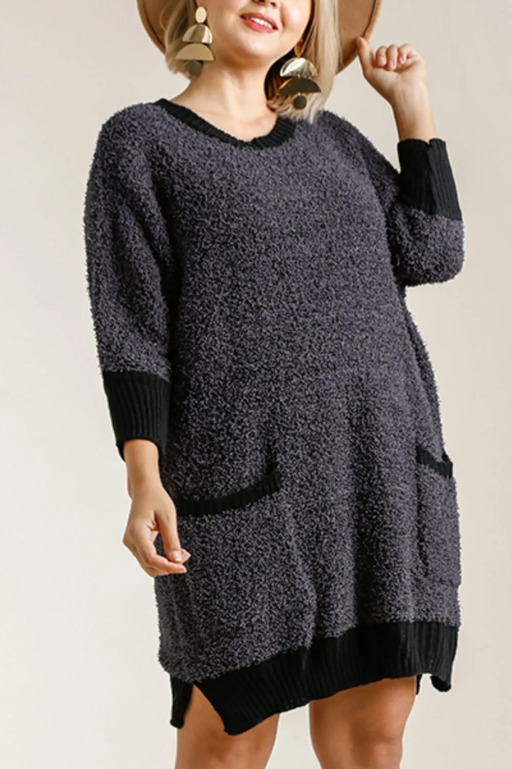 Full Size Ribbed Hem Round Neck 3/4 Sleeve Sweater Dress with Pockets Plus Size, image 4