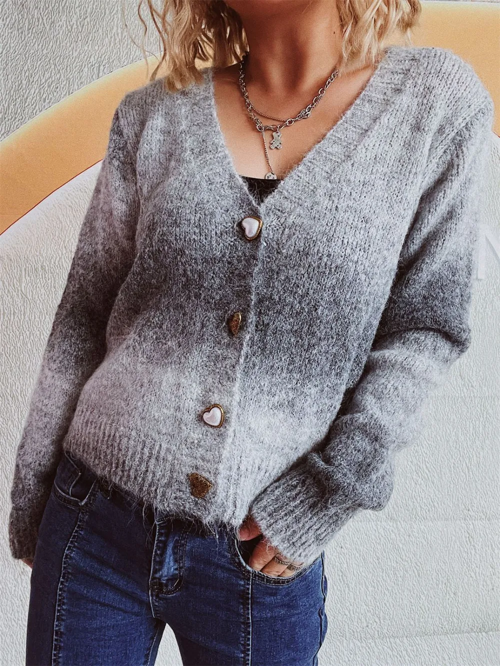 Gradient Heart Shape Button V-Neck Cardigan, image 17