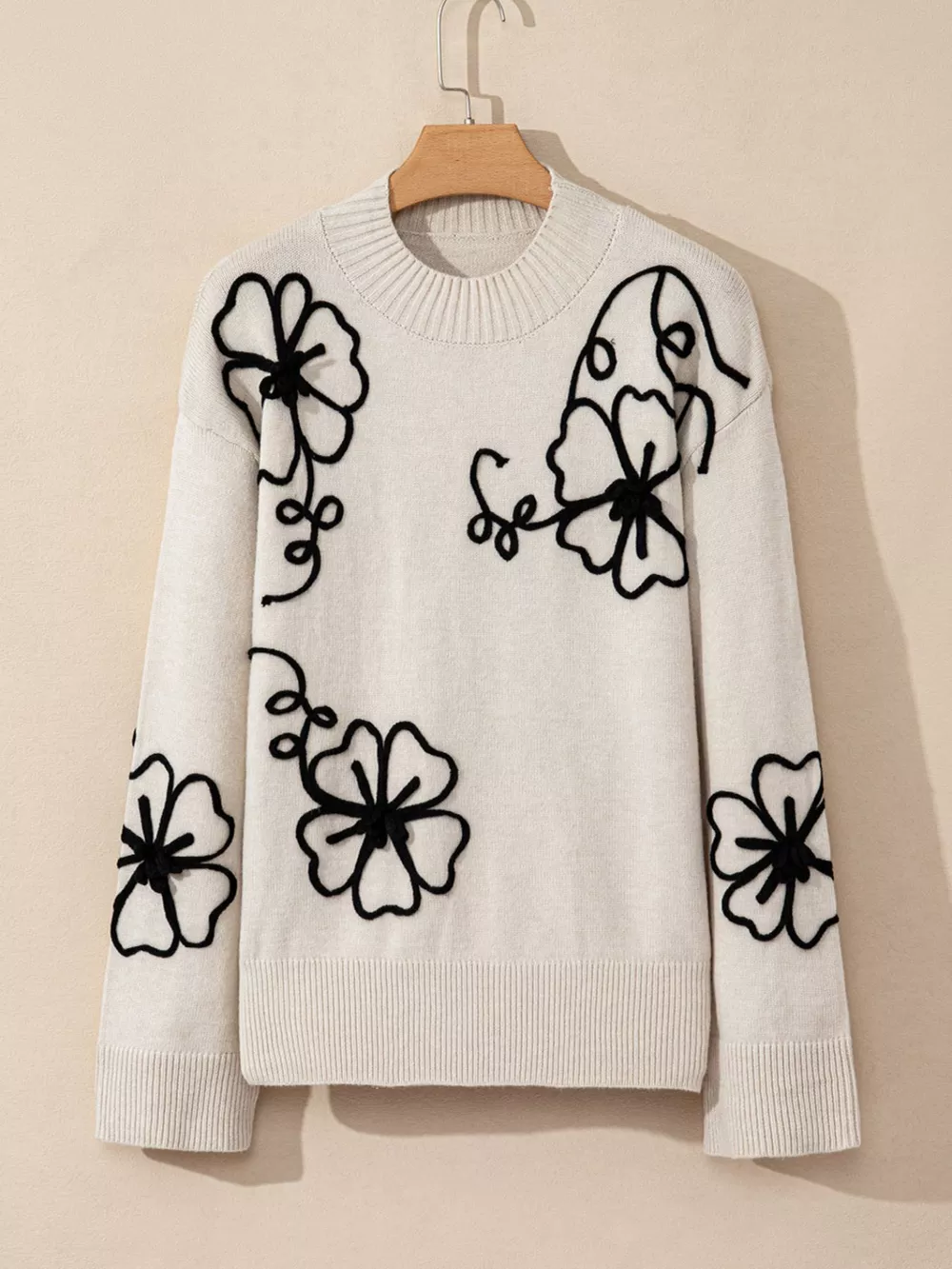 Flower Stitching Mock Neck Sweater, image 4