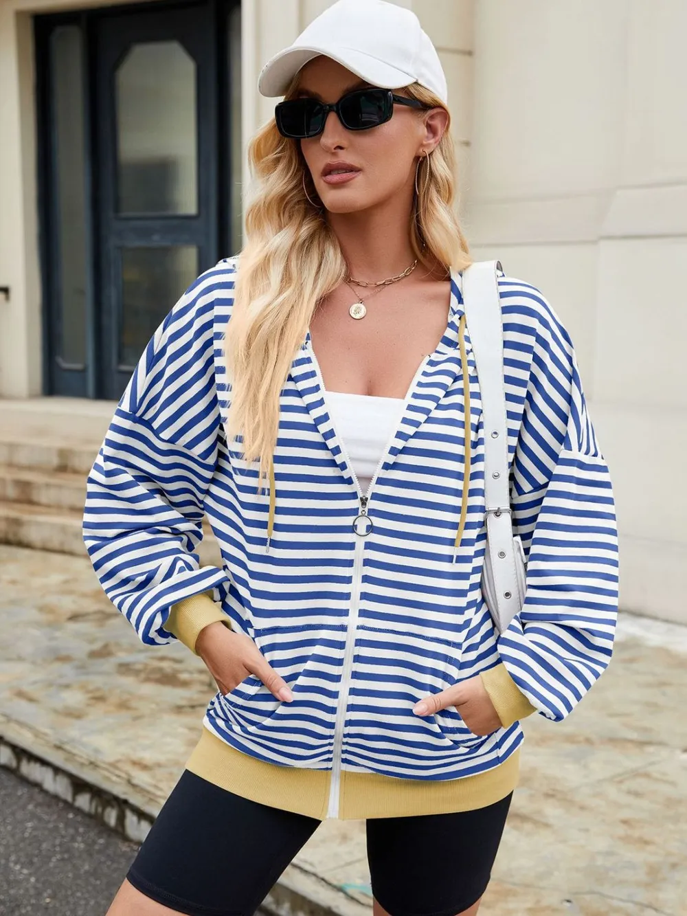Drawstring Striped Zip Up Long Sleeve Hoodie, image 19