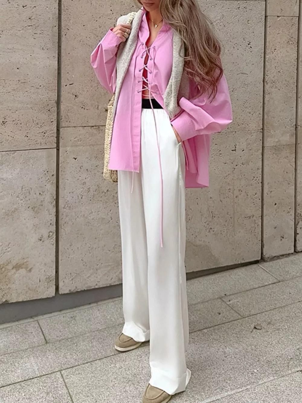 Lace-Up Front Oversized Shirt, image 6
