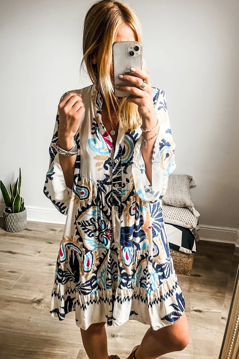 Printed Notched Three-Quarter Sleeve Mini Dress, image 9
