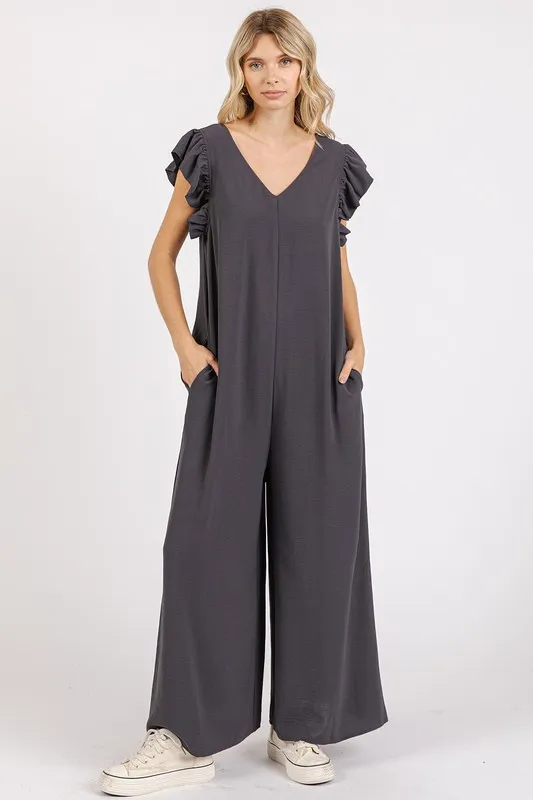 V-Neck Ruffled Cap Sleeve Wide Leg Jumpsuit