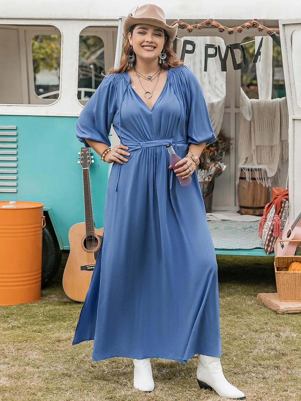 Plus Size Ruched Slit Three-Quarter Sleeve Midi Dress, image 3