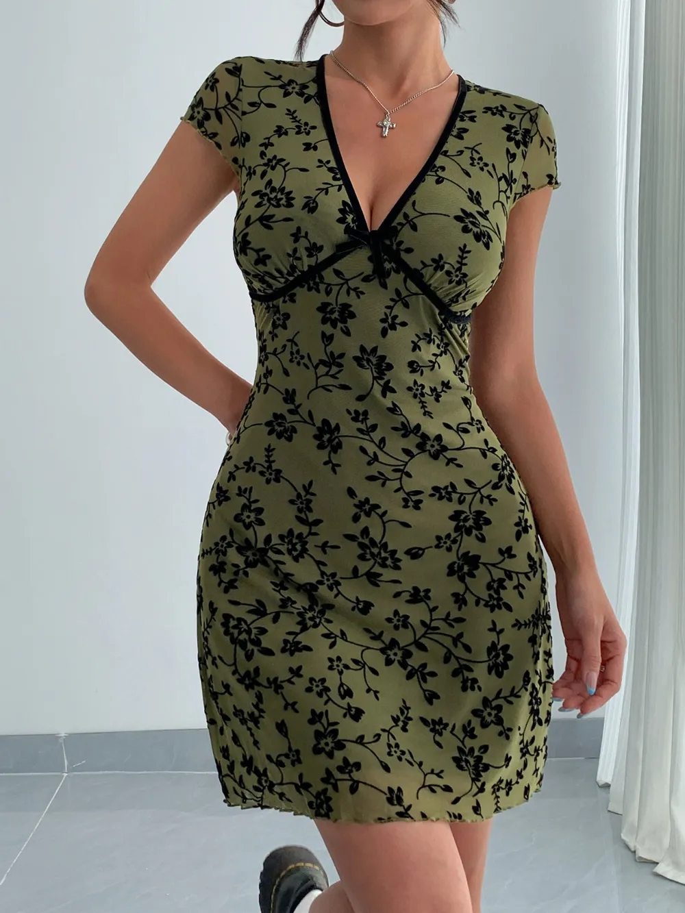 Printed V-Neck Short Sleeve Mini Dress, image 2