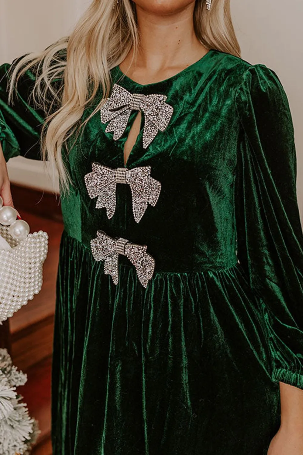 Velvet Bow Front Balloon Sleeve Dress, image 9