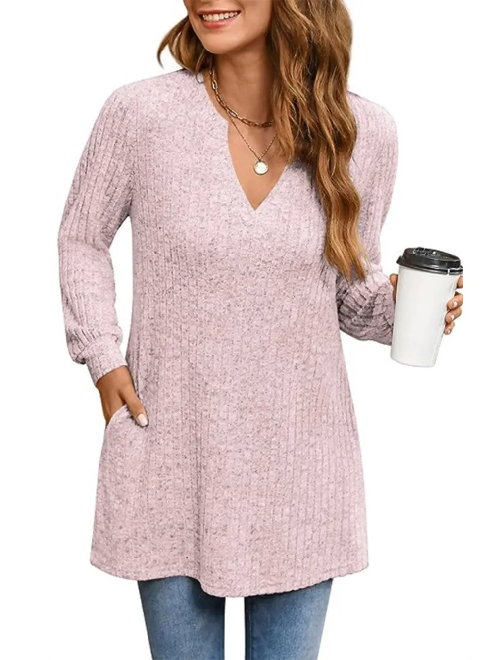 Ribbed Notched Long Sleeve T-Shirt, image 14