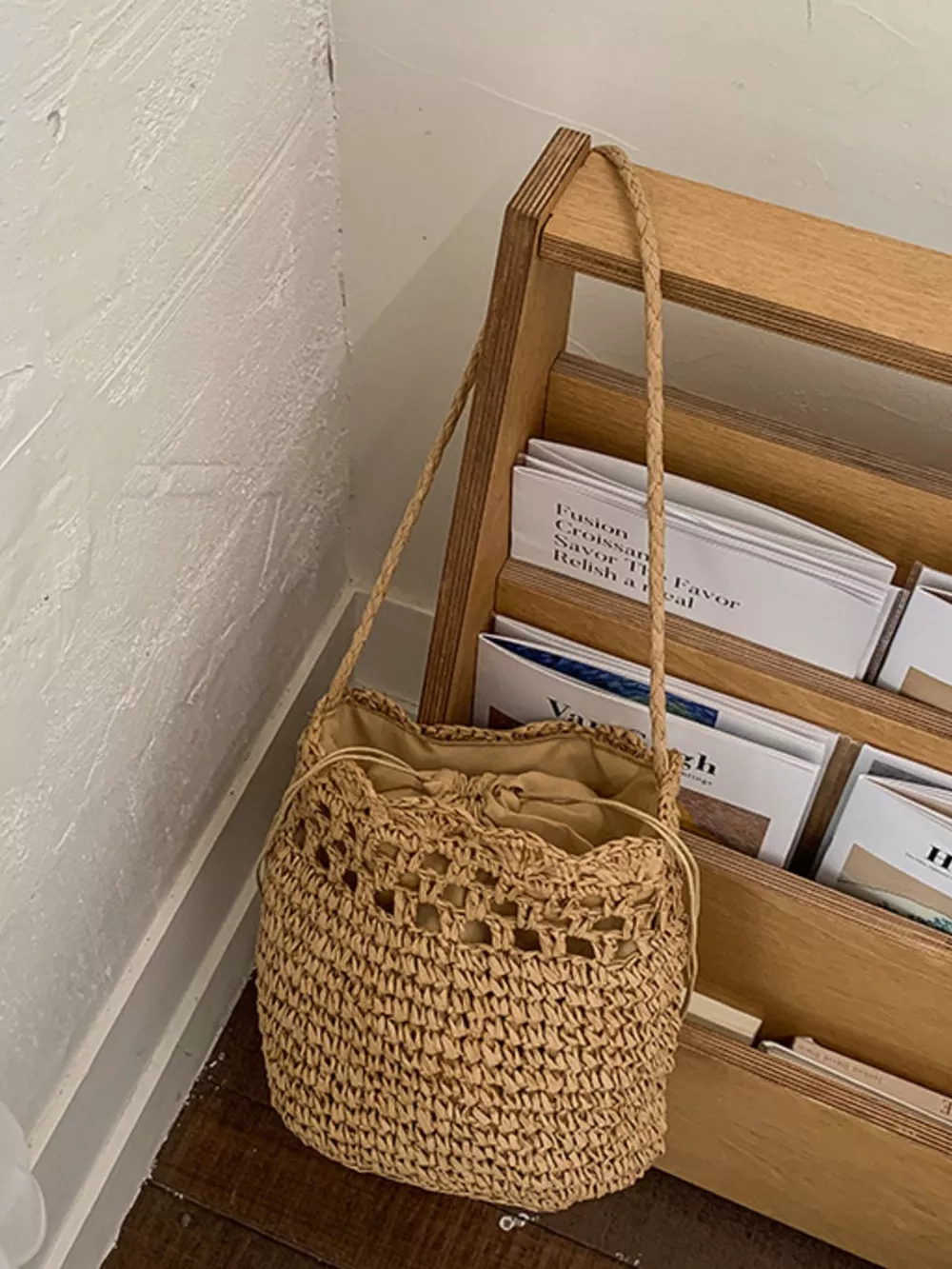 Woven Straw Bucket Shoulder Bag, image 3