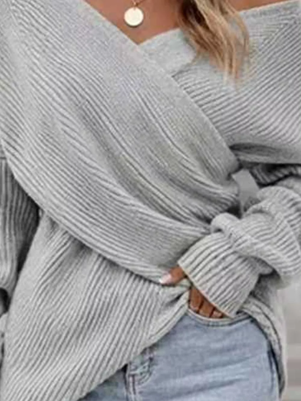 Crisscross Ribbed Knit Long Sleeve Sweater, image 6