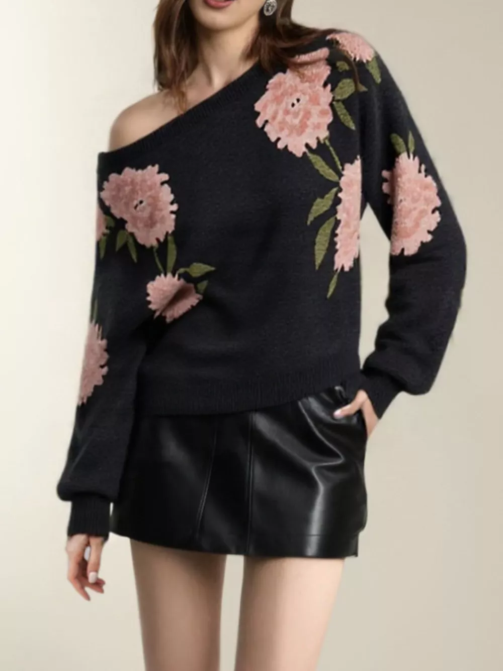 Floral Boat Neck Long Sleeve Sweater, image 4