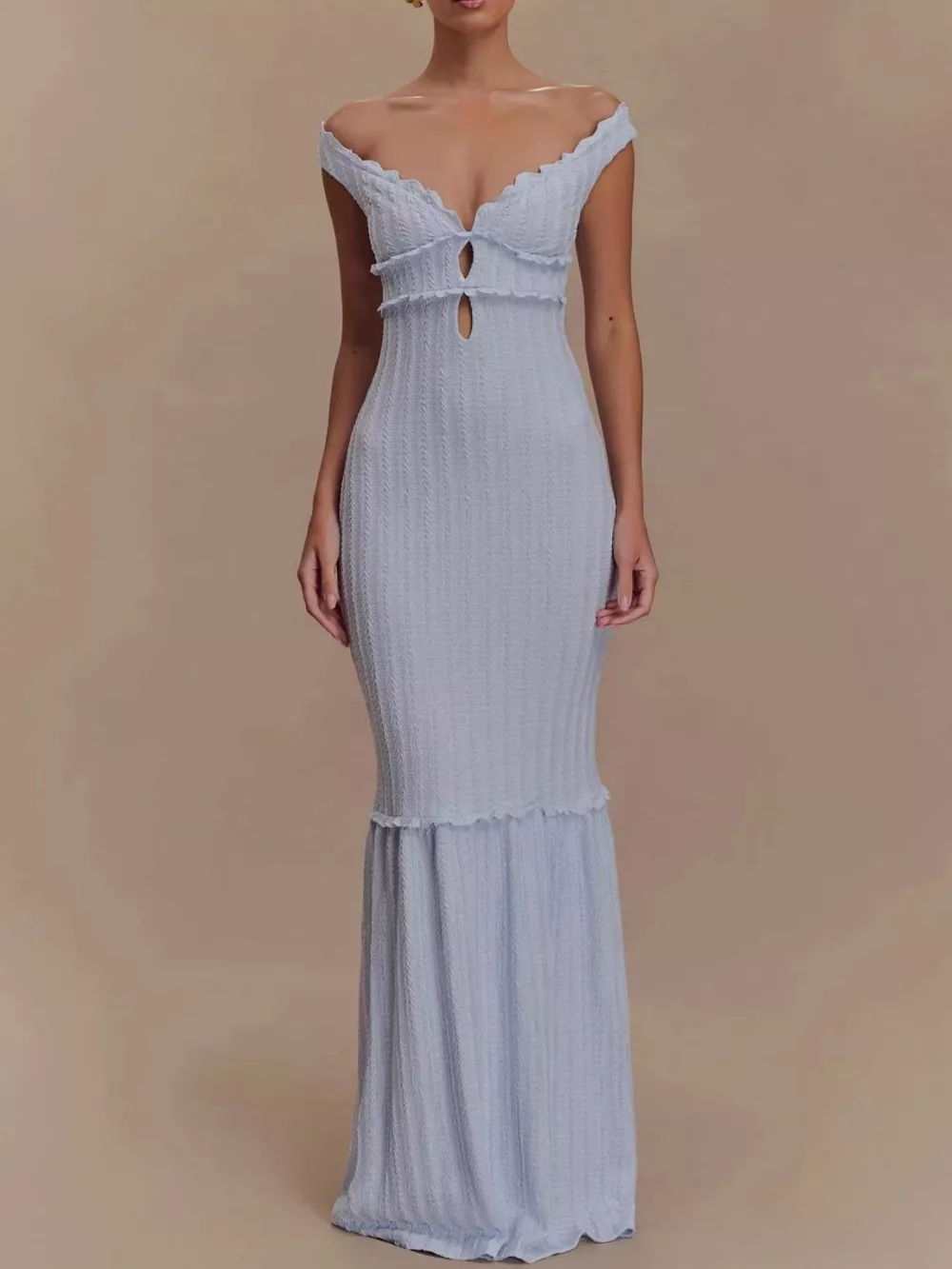 Frill Off-Shoulder Knit Maxi Mermaid Dress, image 5