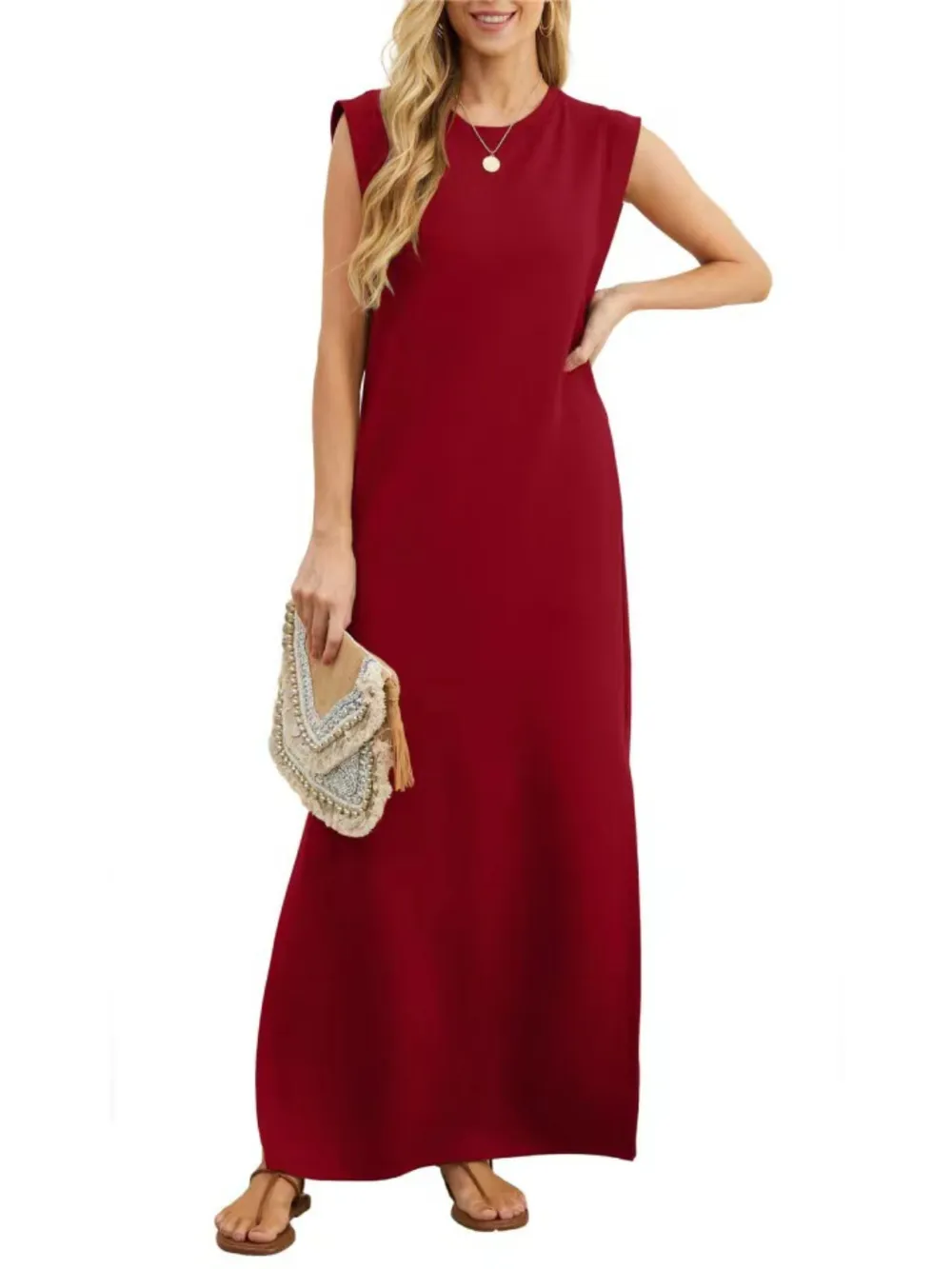 Full Size Slit Round Neck Sleeveless Maxi Tank Dress Plus Size, image 25
