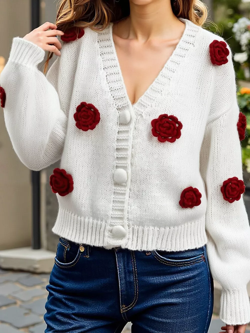 Rose Embellished V-Neck Cardigan, image 17