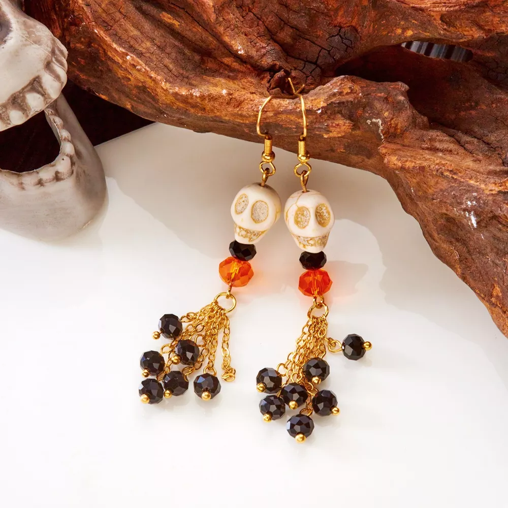 Halloween Skull Beaded Drop Earrings, image 5