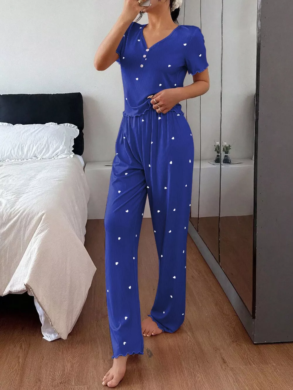 Heart Print Lettuce Trim Top and Pants Loungewear Set, image 6