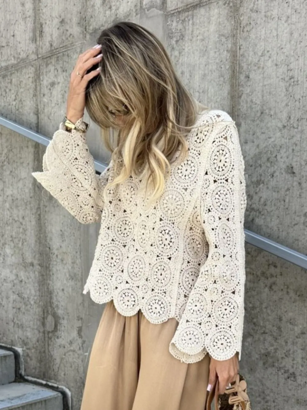 Crochet Lace V-Neck Bell Sleeve Knit Top, image 4