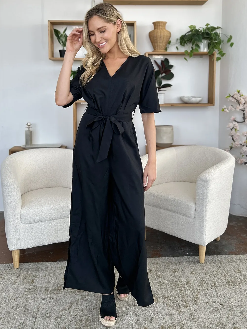 Full Size V-Neck Tied Side Slit Jumpsuit, image 11