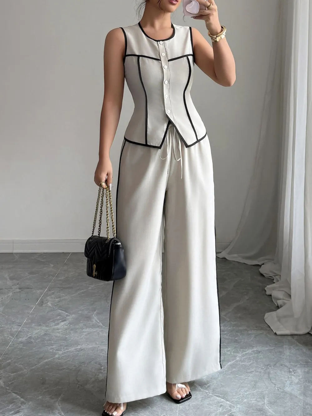 Contrast Piping Round Neck Top and Wide-Leg Pants Set, image 2