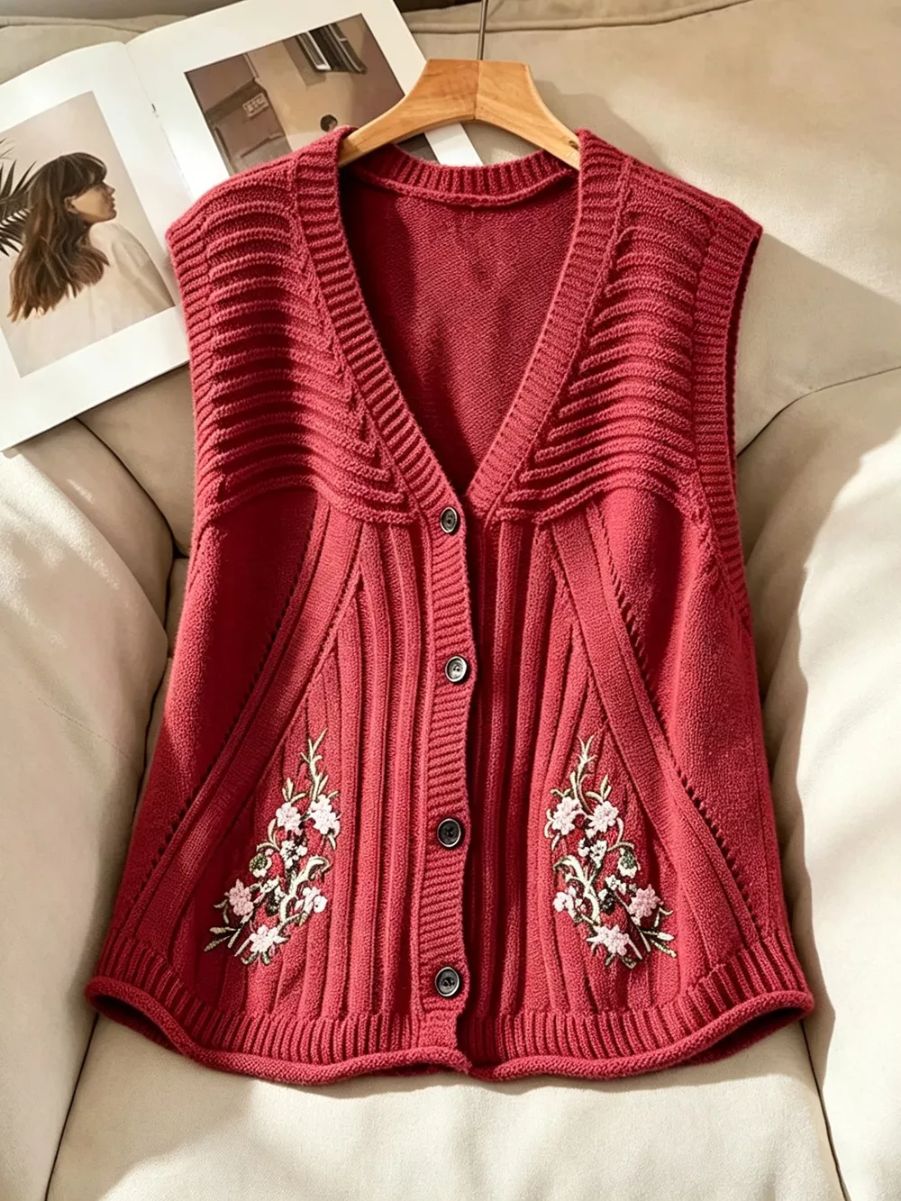 Floral Embroidered V-Neck Button-Down Sweater Vest, image 4