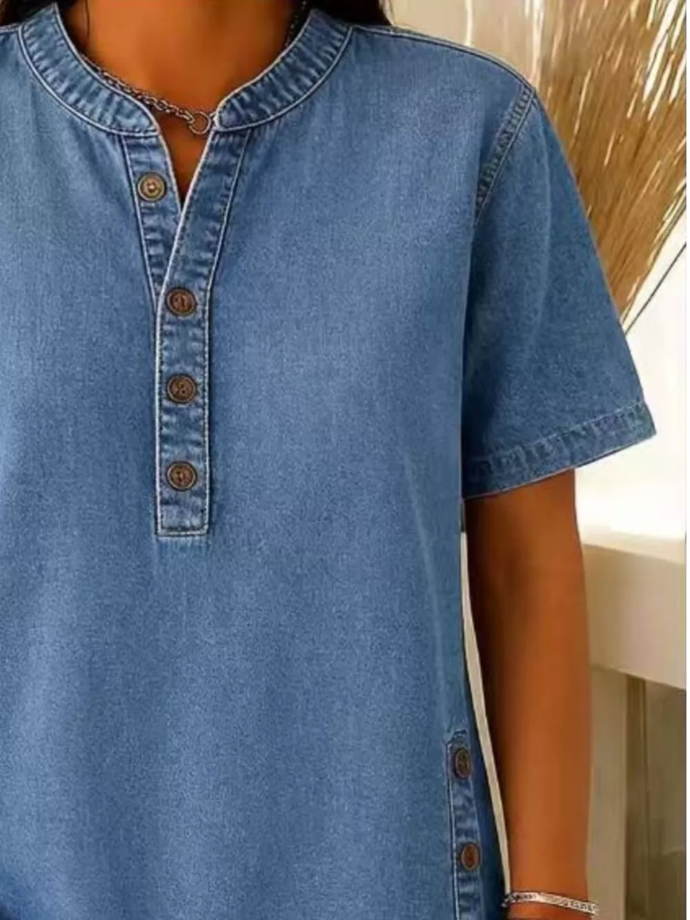 Full Size Button Detail Short Sleeve Blouse Plus Size, image 3