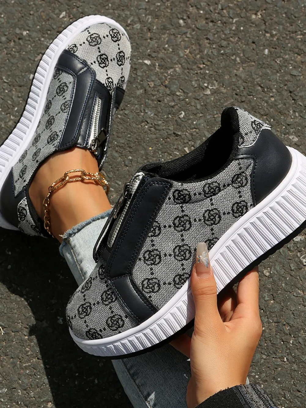Floral Round Toe Sneakers with Zip, image 9