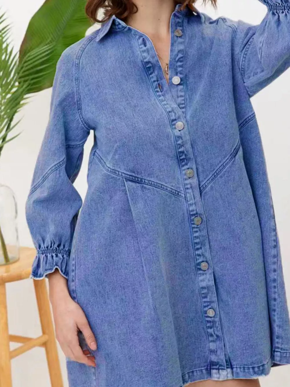 Ruffled Cuff Button-Down Denim Dress, image 2