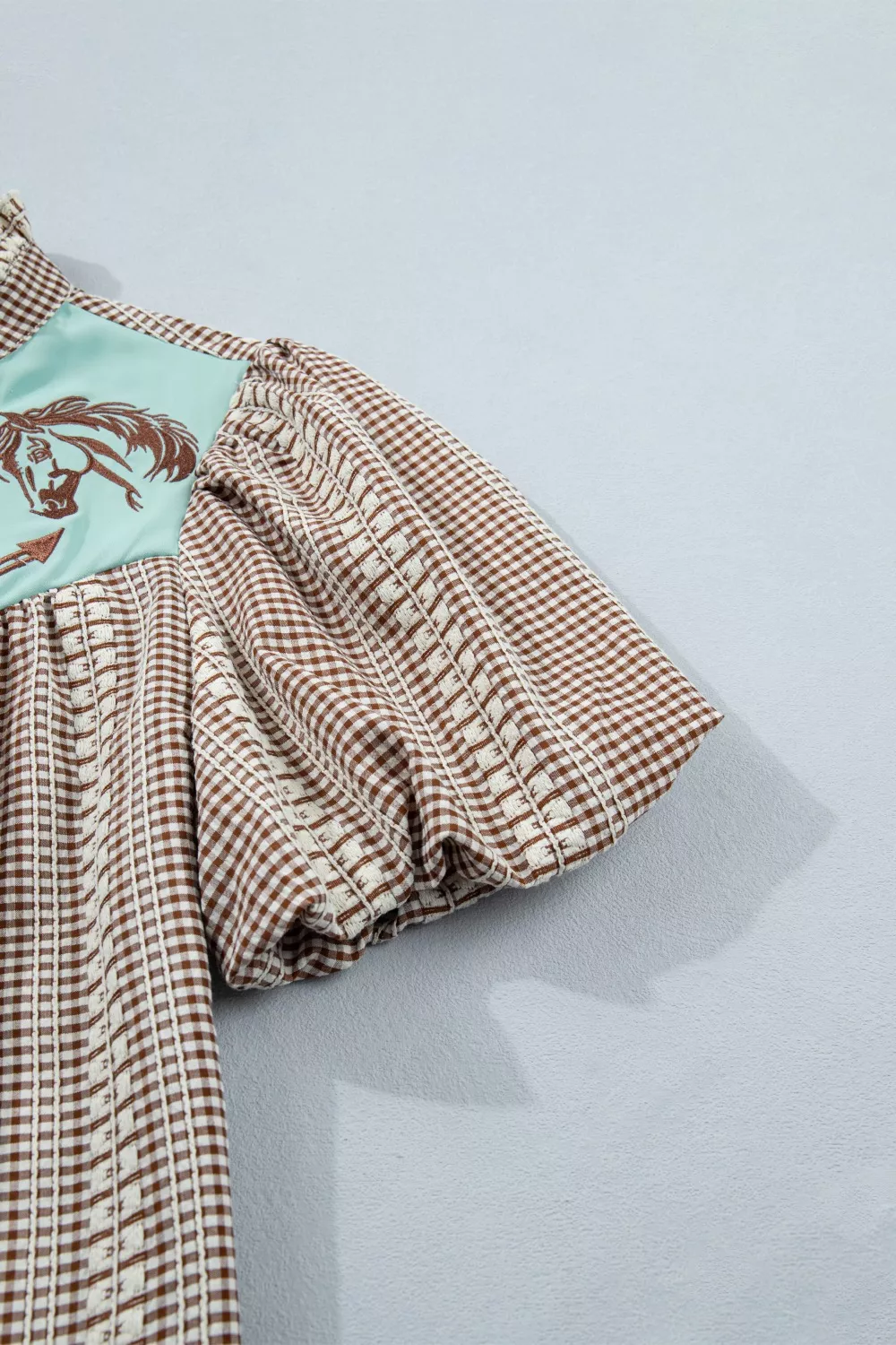 Western Pony Embroidered Yoke Puff Sleeve Gingham Blouse, image 7