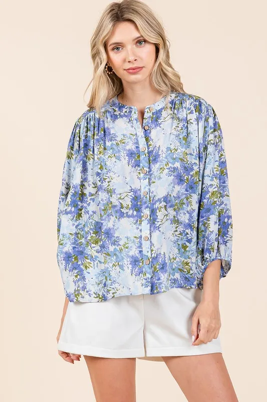 Flower Print Batwing Sleeve Button Down Blouse