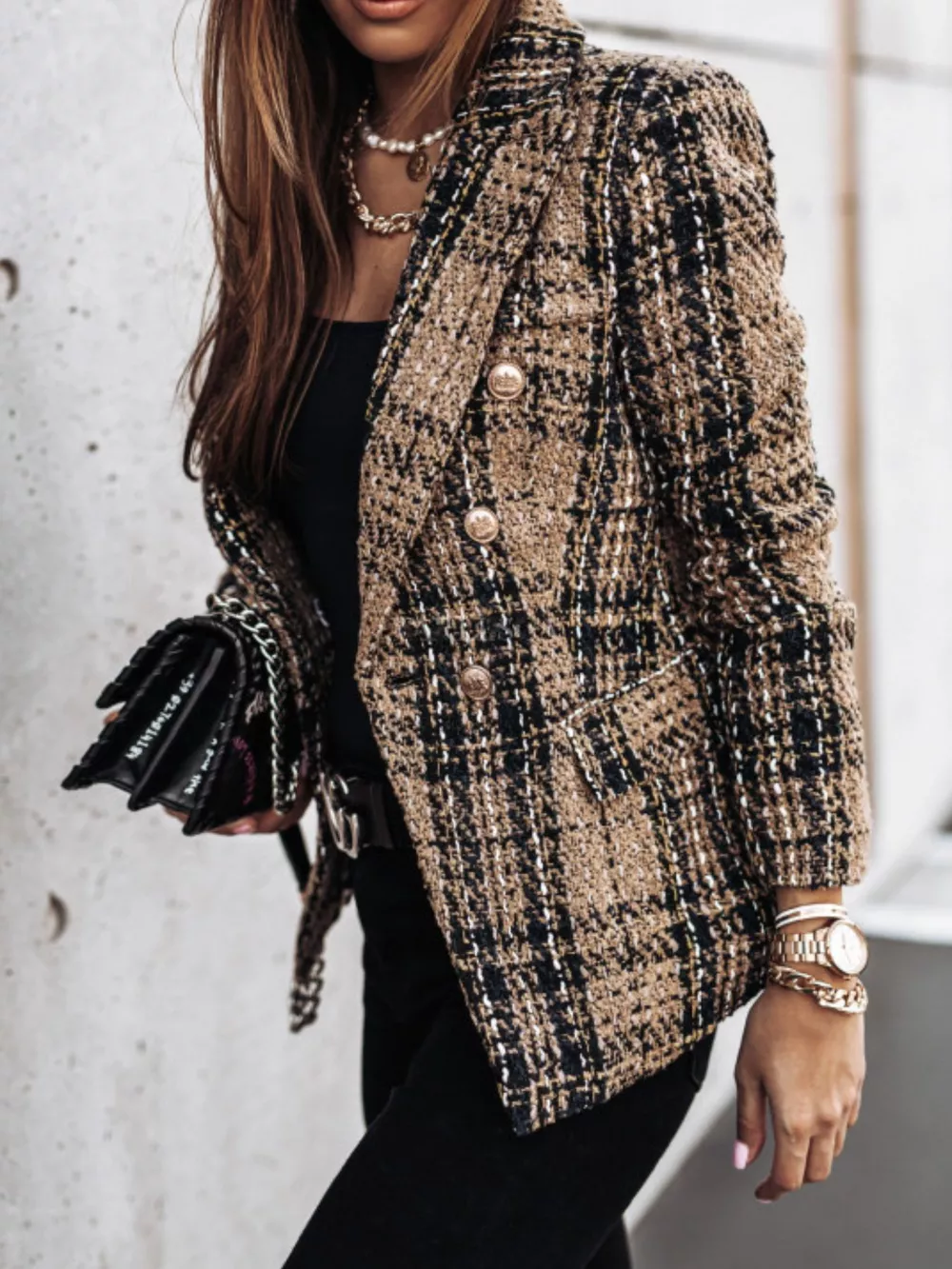 Full Size Plaid Tweed Double-Breasted Blazer Plus Size, image 10