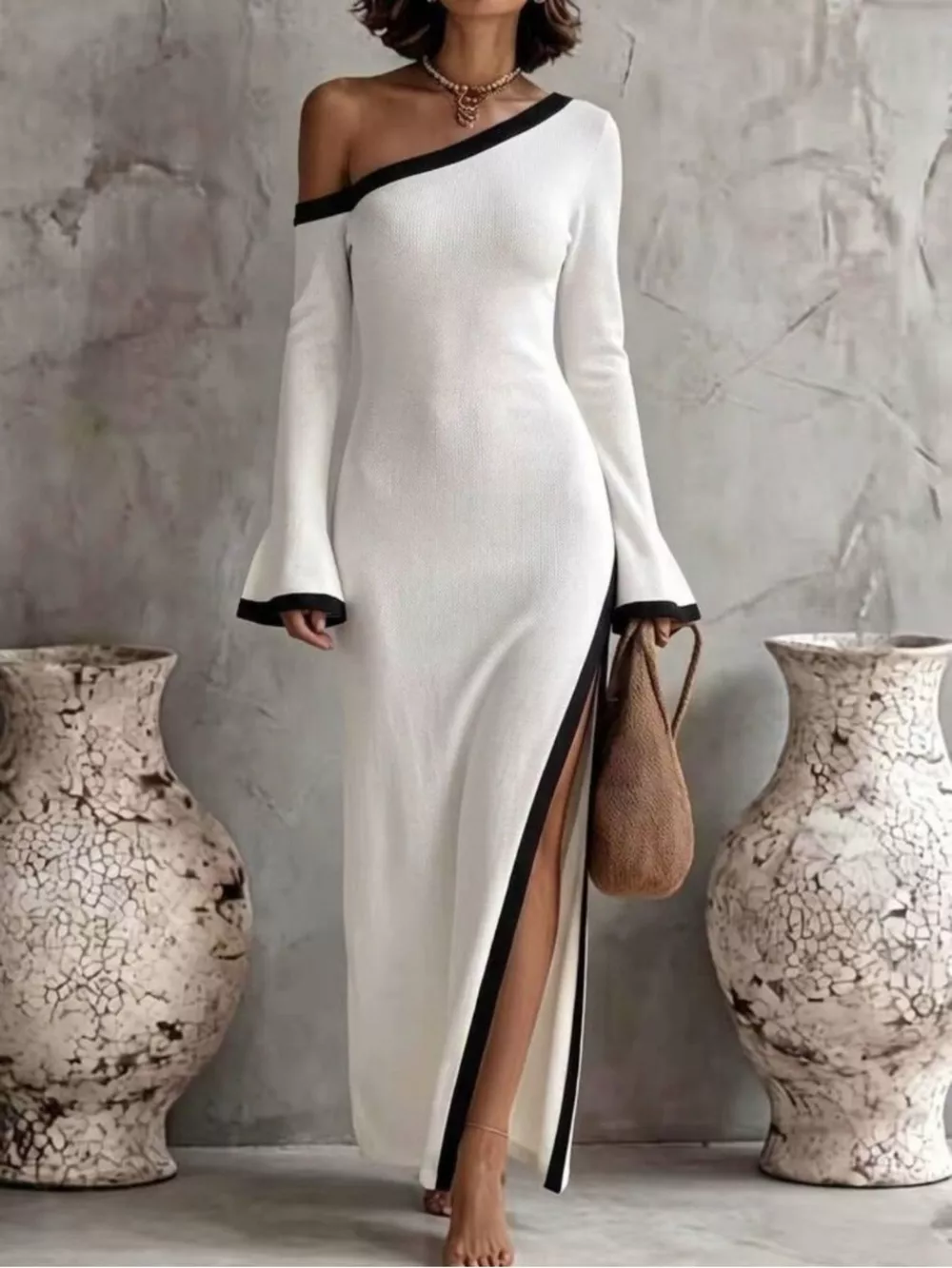 Slit One-Shoulder Contrast Trim Maxi Dress, image 2