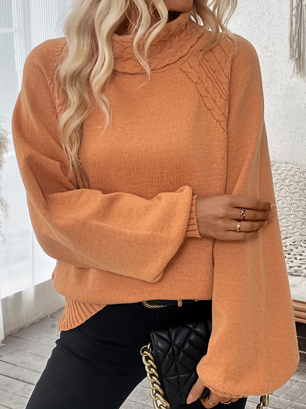 Cable-Knit Turtleneck Long Sleeve Sweater, image 2