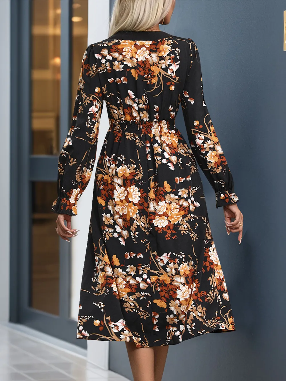 Printed Notched Long Sleeve Midi Dress, image 5