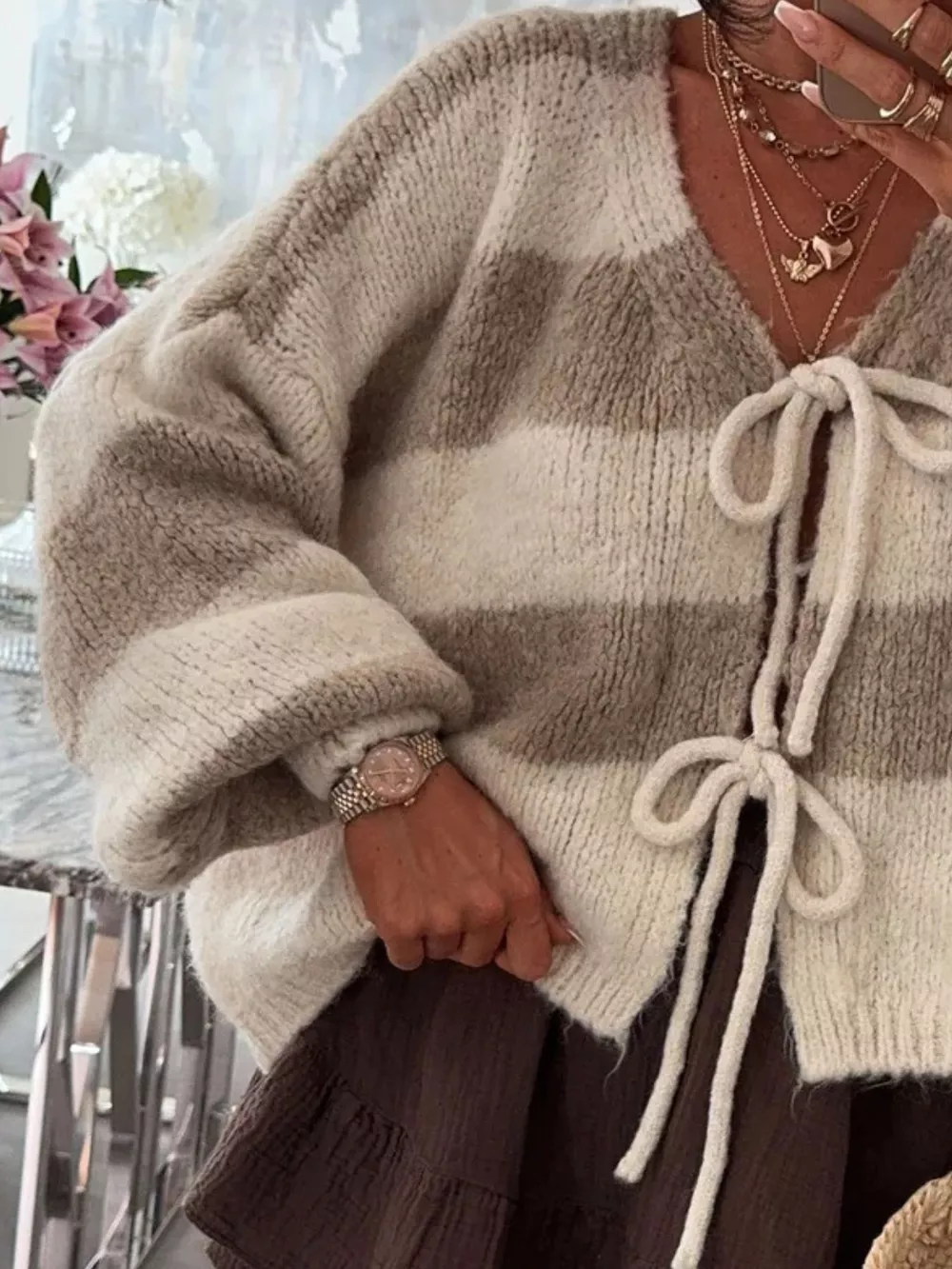 Striped Tie-Front Knit Cardigan, image 16