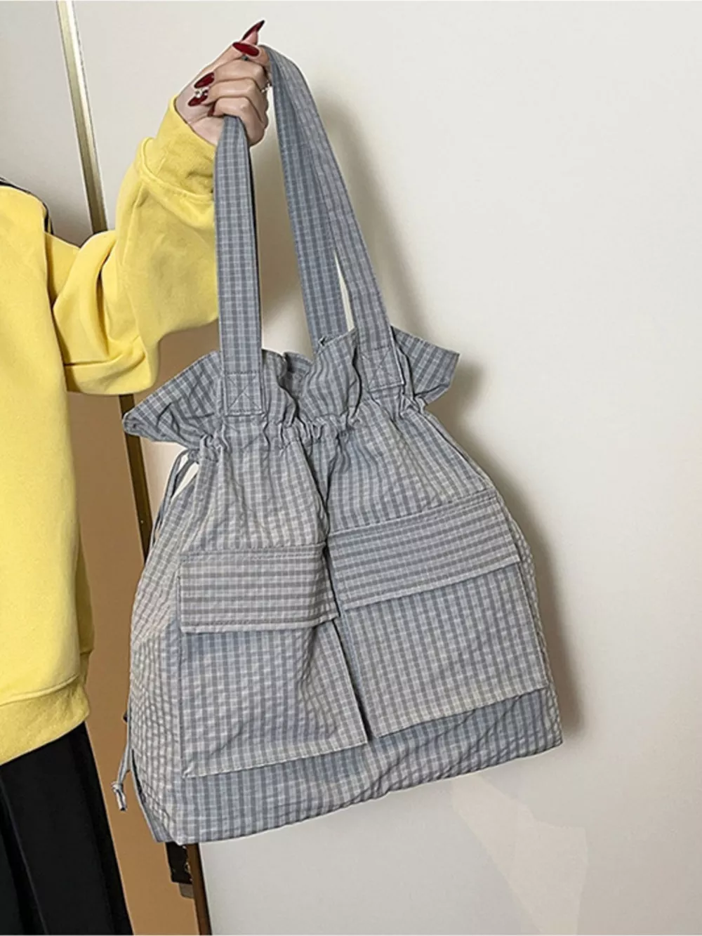 Convertible Plaid Drawstring Backpack Bag, image 5