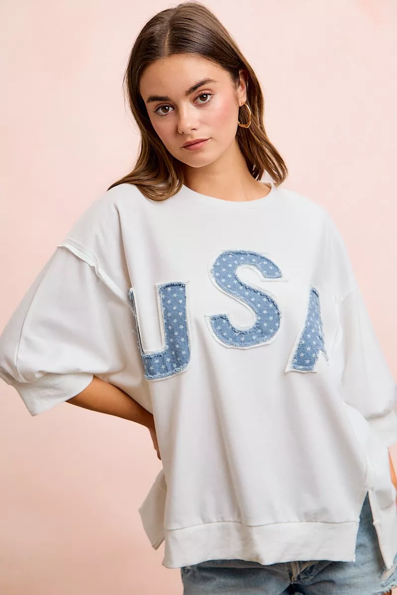 4th Of July Usa Letter Patchwork French Terry Top, image 3