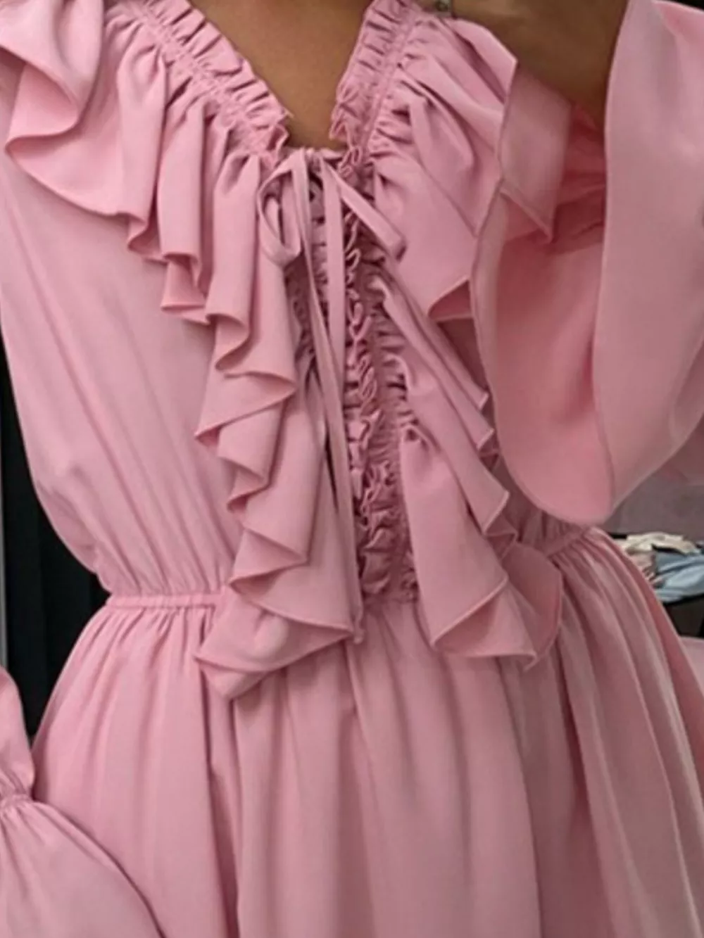 Ruffled V-Neck Long Sleeve Mini Dress, image 9