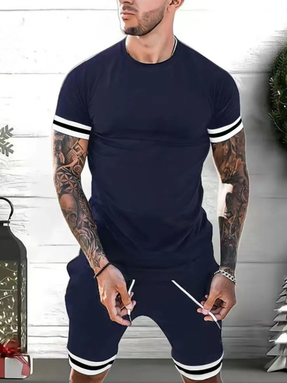 Men's Plus Size Round Neck Short Sleeve Top and Shorts Set, image 3