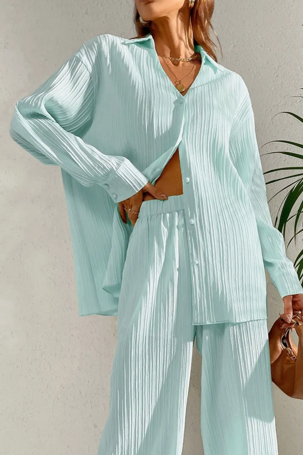 Johnny Collar Button Down Top and Pants Set, image 7
