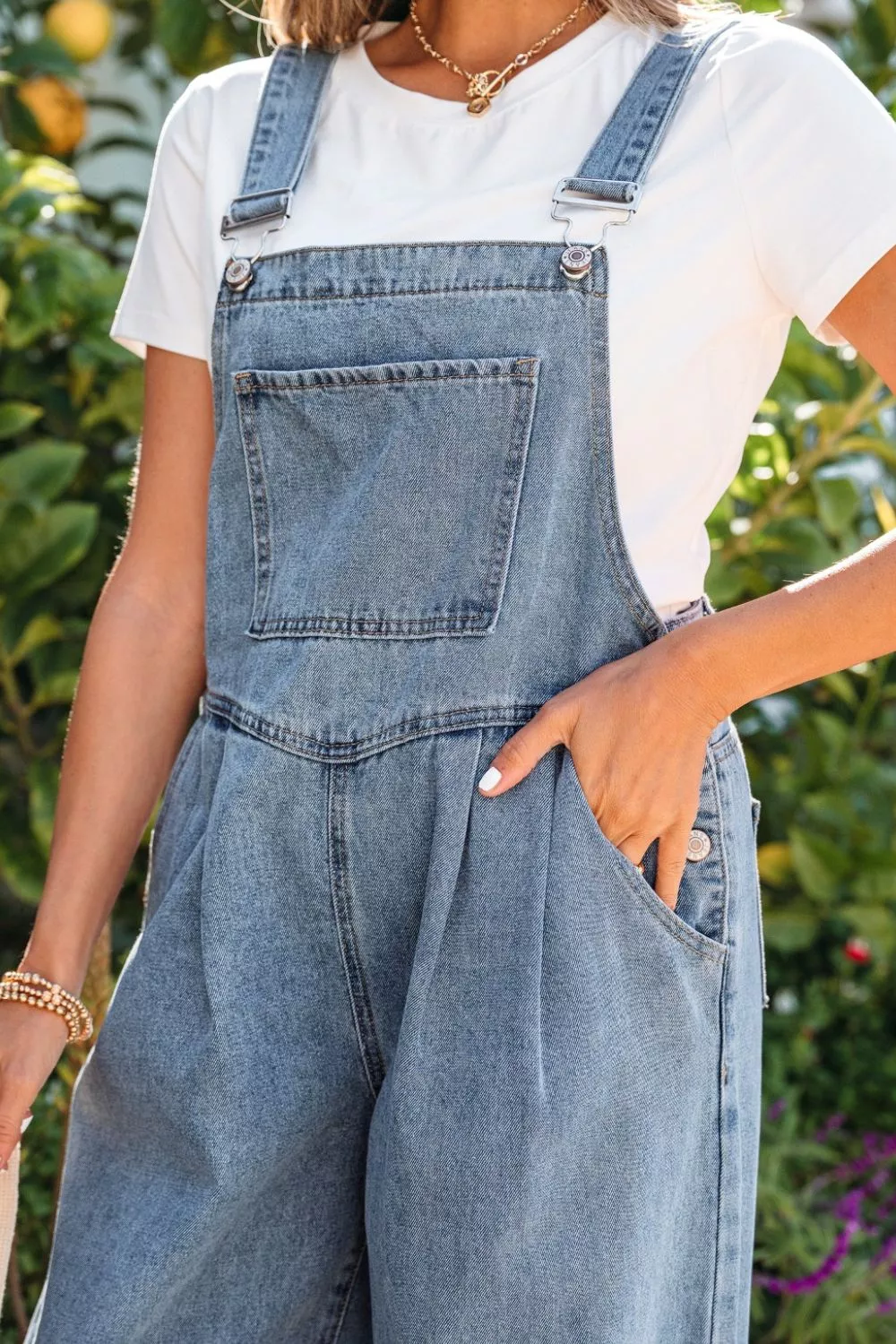 Pleated Wide Leg Retro Pocketed Denim Jumpsuit, image 5