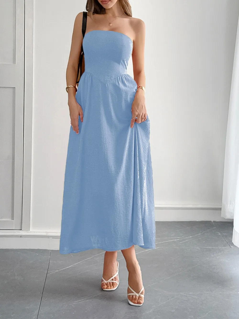 Strapless A-Line Midi Dress with Pockets, image 12